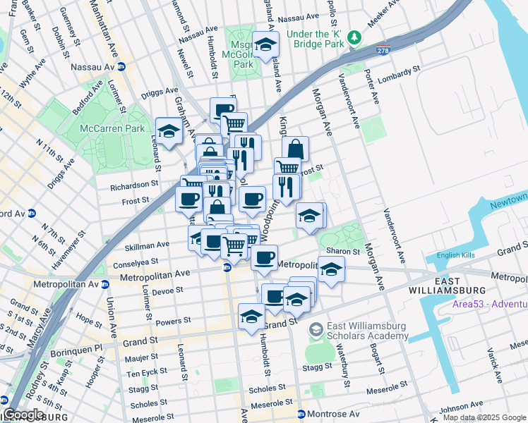 map of restaurants, bars, coffee shops, grocery stores, and more near 222 Withers Street in Brooklyn