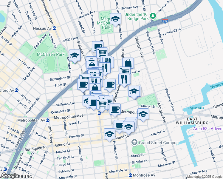 map of restaurants, bars, coffee shops, grocery stores, and more near 222 Withers Street in Brooklyn