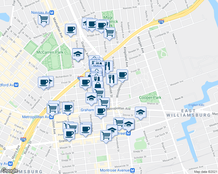 map of restaurants, bars, coffee shops, grocery stores, and more near 189 Withers Street in Brooklyn