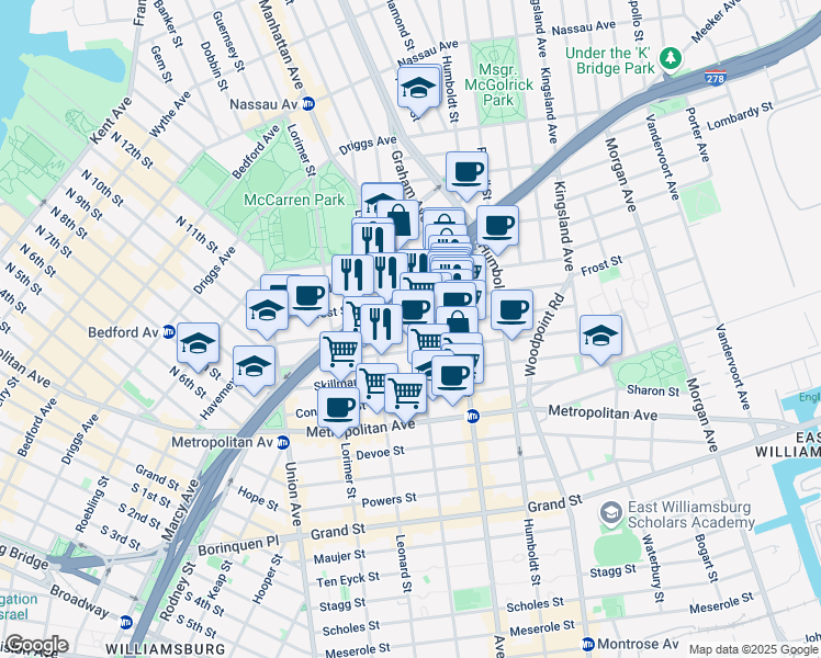 map of restaurants, bars, coffee shops, grocery stores, and more near 104 Frost Street in Brooklyn
