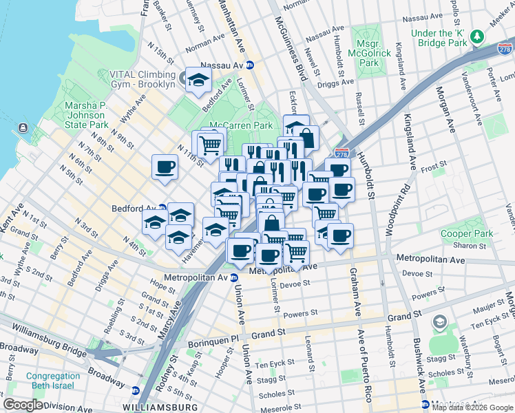map of restaurants, bars, coffee shops, grocery stores, and more near in Brooklyn
