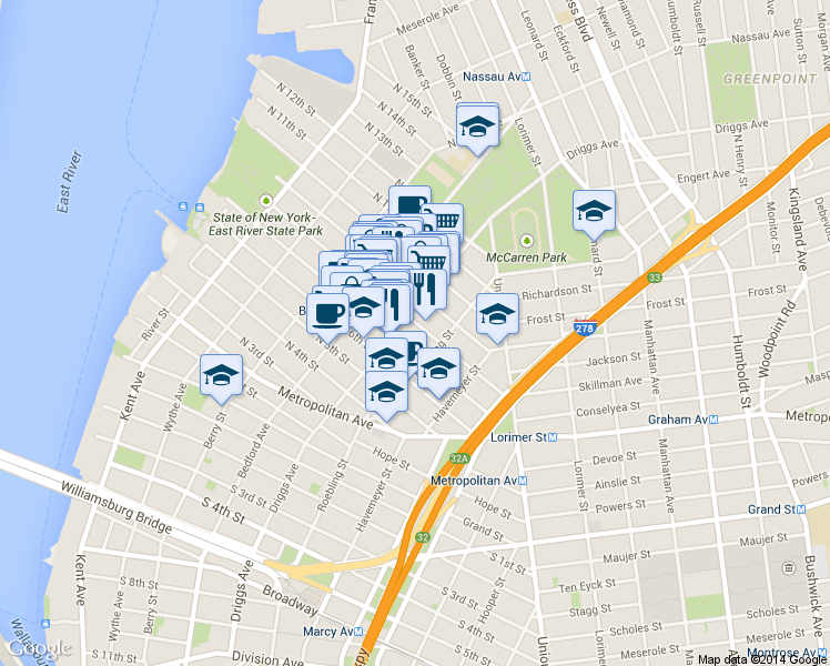 map of restaurants, bars, coffee shops, grocery stores, and more near 534 Driggs Avenue in Brooklyn