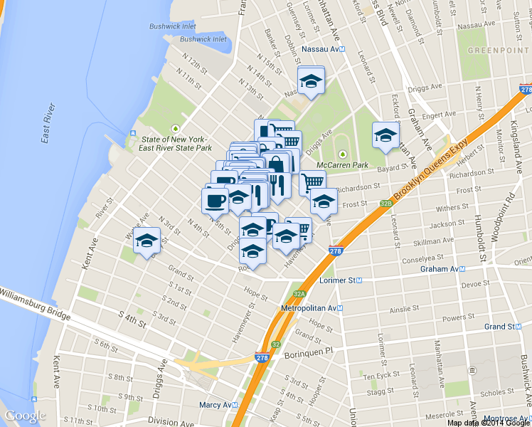map of restaurants, bars, coffee shops, grocery stores, and more near 534 Driggs Avenue in Brooklyn