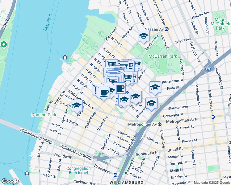 map of restaurants, bars, coffee shops, grocery stores, and more near 155 North 7th Street in Brooklyn