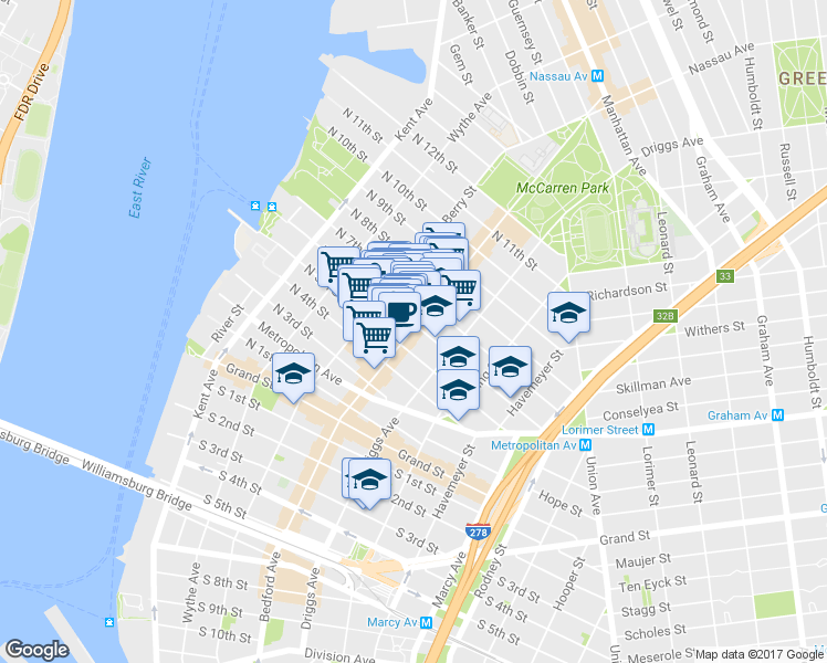 map of restaurants, bars, coffee shops, grocery stores, and more near 198 Bedford Avenue in Brooklyn