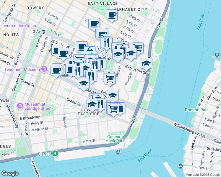 map of restaurants, bars, coffee shops, grocery stores, and more near 69 Columbia Street in New York