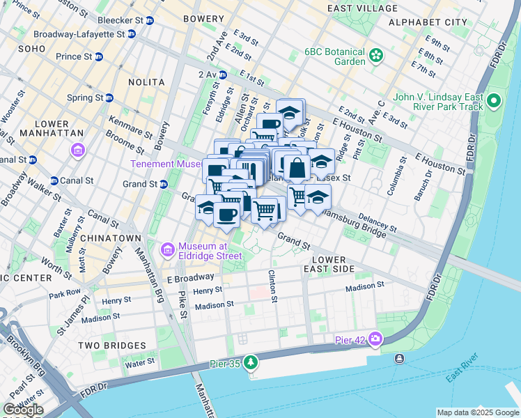 map of restaurants, bars, coffee shops, grocery stores, and more near 202 Broome Street in New York