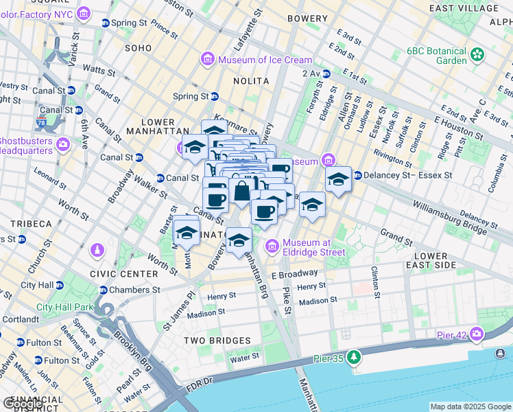 map of restaurants, bars, coffee shops, grocery stores, and more near 237 Grand Street in New York