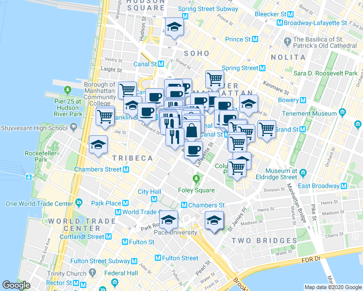 map of restaurants, bars, coffee shops, grocery stores, and more near 51-53 White Street in New York