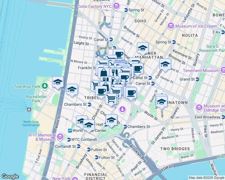 map of restaurants, bars, coffee shops, grocery stores, and more near 66 Leonard Street in New York