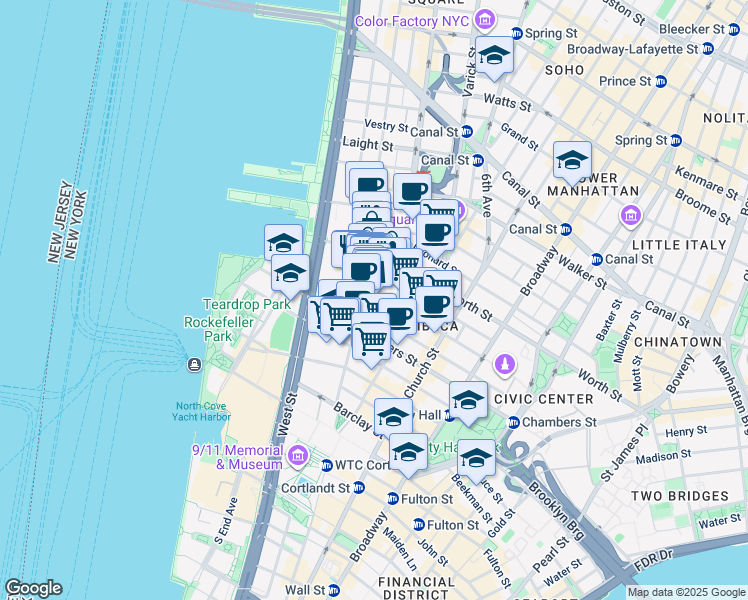 map of restaurants, bars, coffee shops, grocery stores, and more near 179 Duane Street in New York