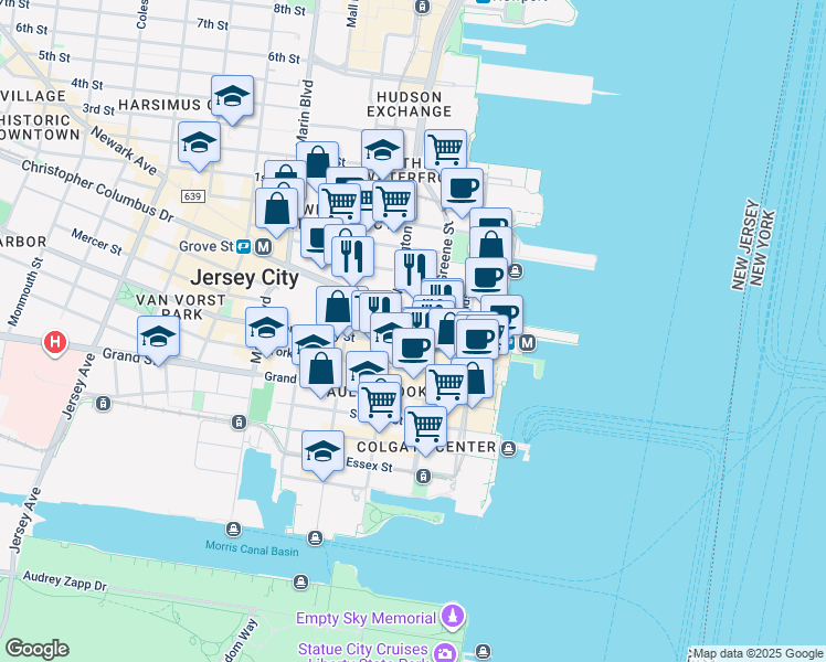 map of restaurants, bars, coffee shops, grocery stores, and more near in Jersey City