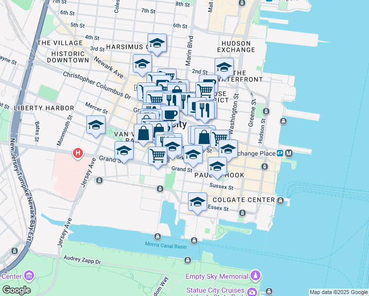 map of restaurants, bars, coffee shops, grocery stores, and more near 201 Montgomery Street in Jersey City