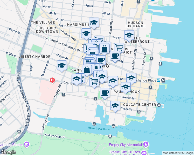 map of restaurants, bars, coffee shops, grocery stores, and more near 2 Mercer Street in Jersey City