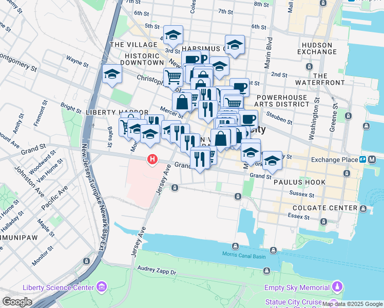 map of restaurants, bars, coffee shops, grocery stores, and more near 293 York Street in Jersey City