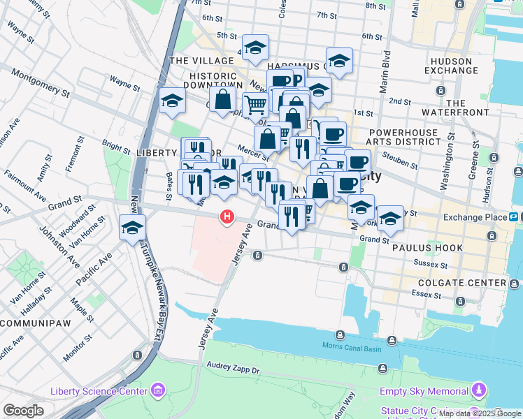 map of restaurants, bars, coffee shops, grocery stores, and more near 441 Jersey Avenue in Jersey City