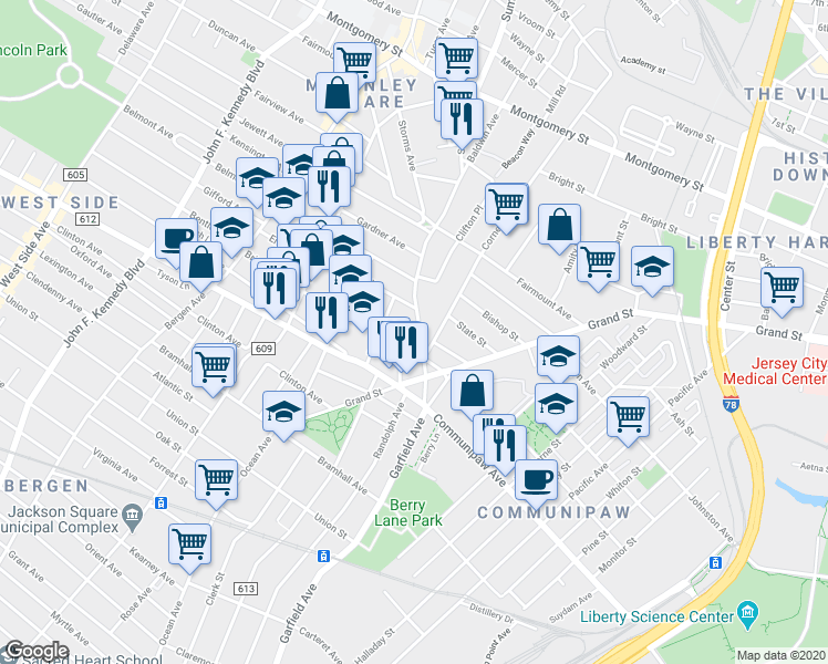 map of restaurants, bars, coffee shops, grocery stores, and more near in Jersey City