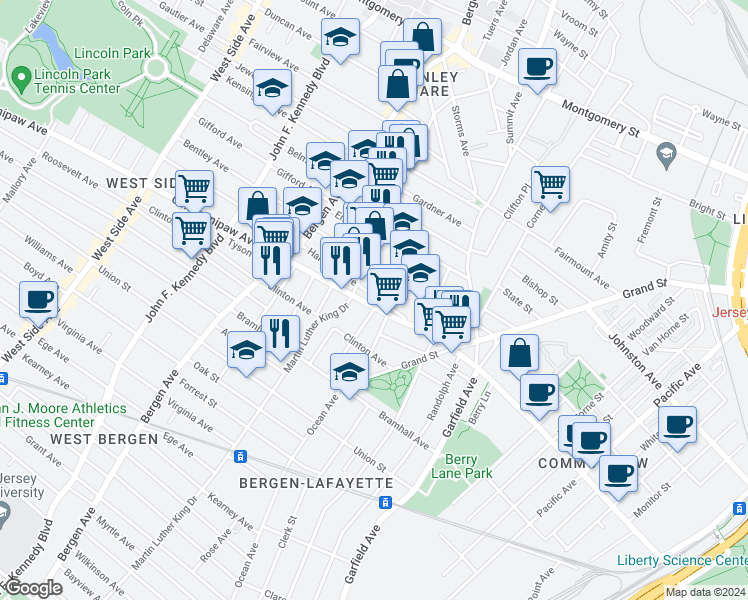 map of restaurants, bars, coffee shops, grocery stores, and more near 54 Harrison Avenue in Jersey City