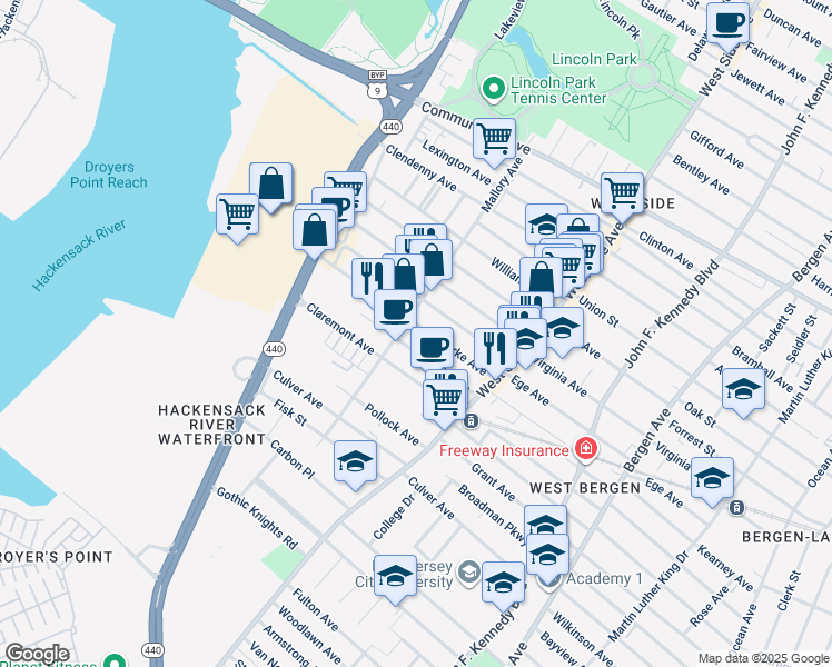 map of restaurants, bars, coffee shops, grocery stores, and more near 80 Clarke Avenue in Jersey City
