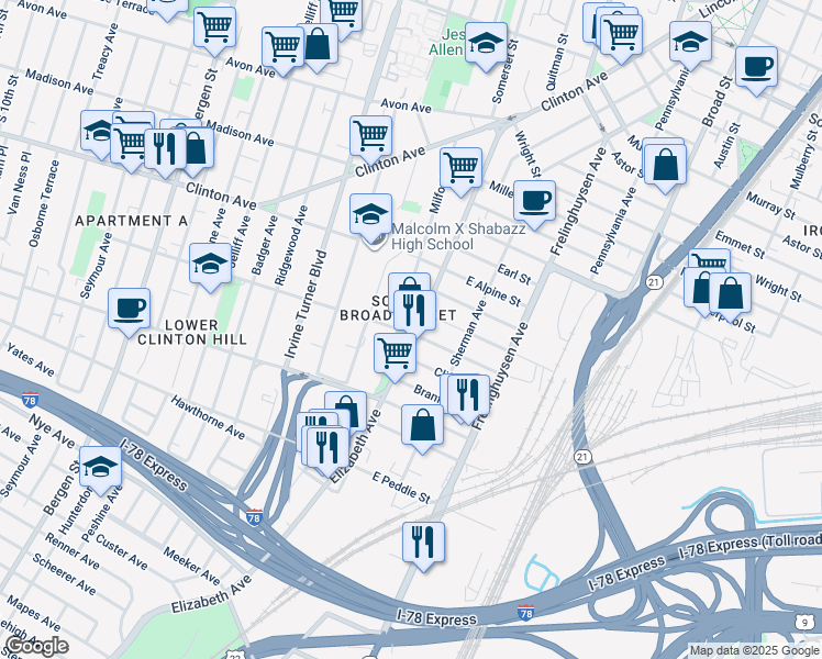 map of restaurants, bars, coffee shops, grocery stores, and more near 148 Milford Avenue in Newark