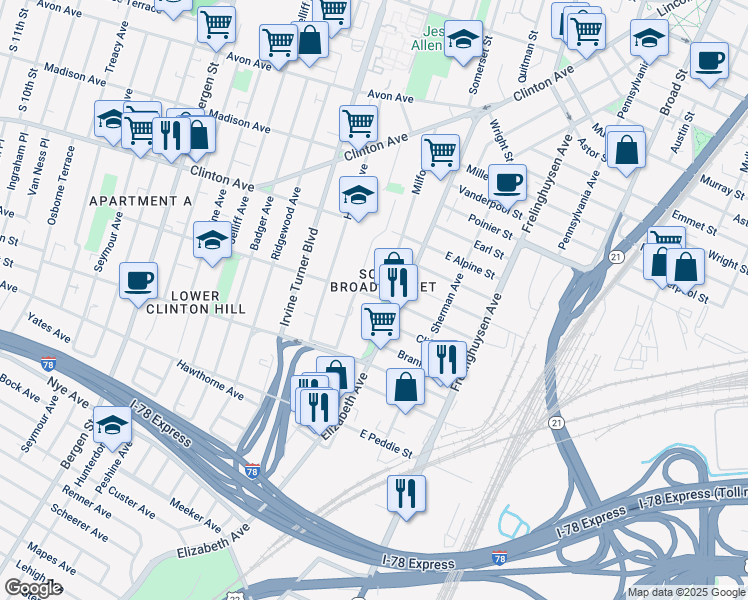 map of restaurants, bars, coffee shops, grocery stores, and more near 148 Milford Avenue in Newark