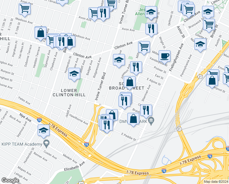 map of restaurants, bars, coffee shops, grocery stores, and more near 136 West Bigelow Street in Newark
