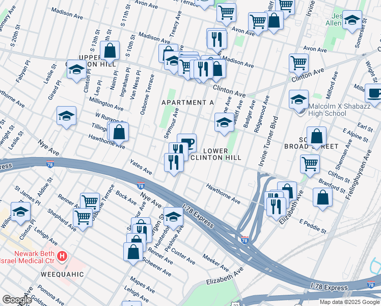map of restaurants, bars, coffee shops, grocery stores, and more near in Newark