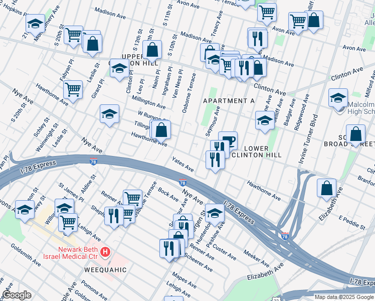 map of restaurants, bars, coffee shops, grocery stores, and more near 130 Hedden Terrace in Newark