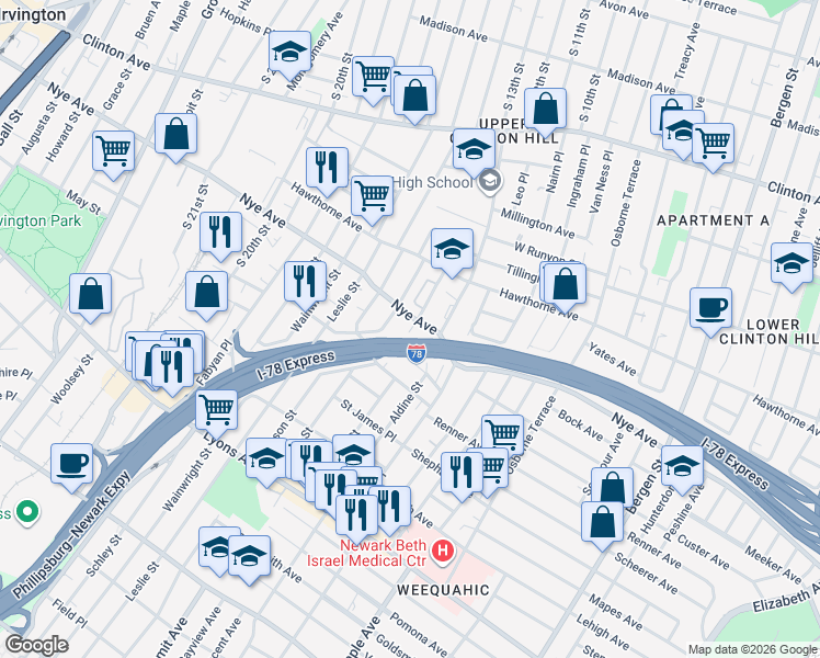map of restaurants, bars, coffee shops, grocery stores, and more near 44 Dewey Street in Newark