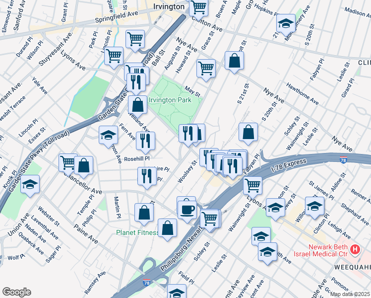 map of restaurants, bars, coffee shops, grocery stores, and more near 563 Lyons Avenue in Irvington