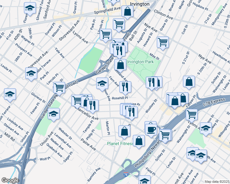 map of restaurants, bars, coffee shops, grocery stores, and more near 61 Chester Avenue in Irvington