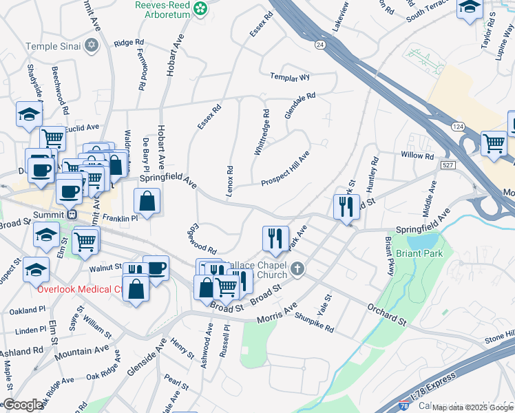 map of restaurants, bars, coffee shops, grocery stores, and more near 181 Springfield Avenue in Summit