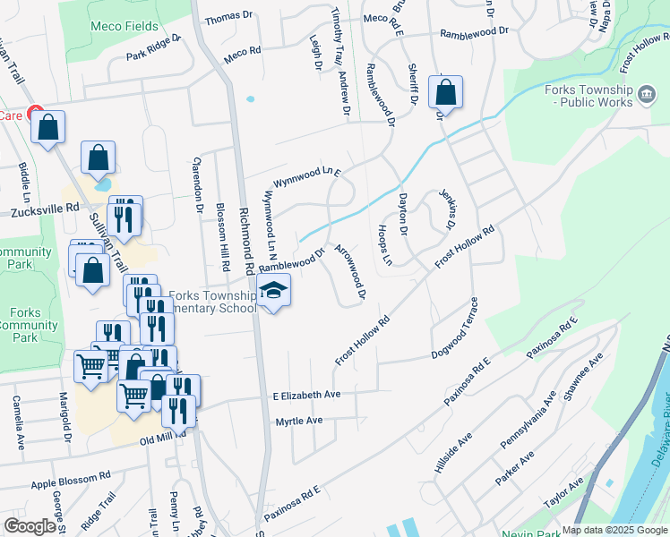 map of restaurants, bars, coffee shops, grocery stores, and more near 1615 Arrowwood Drive in Easton