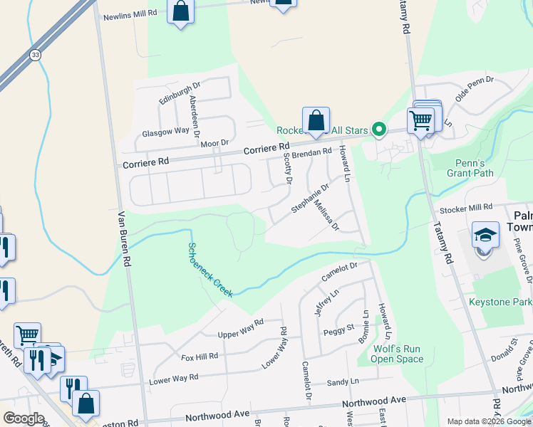map of restaurants, bars, coffee shops, grocery stores, and more near 121 Scotty Drive in Easton