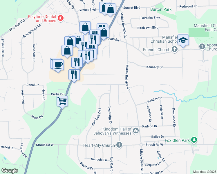 map of restaurants, bars, coffee shops, grocery stores, and more near 822 Greenfield Drive in Mansfield