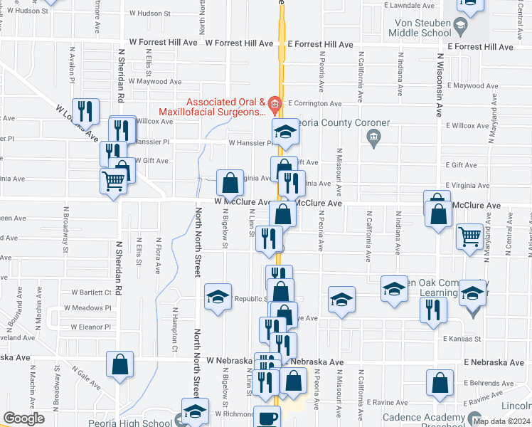 map of restaurants, bars, coffee shops, grocery stores, and more near 120 West McClure Avenue in Peoria