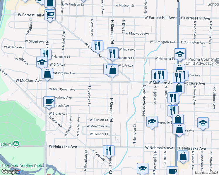 map of restaurants, bars, coffee shops, grocery stores, and more near 710 West McClure Avenue in Peoria