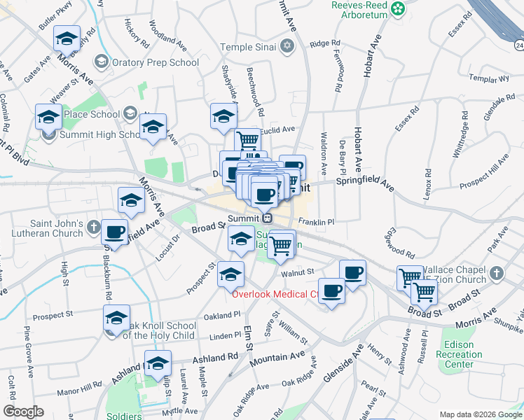 map of restaurants, bars, coffee shops, grocery stores, and more near 374-382 Springfield Avenue in Summit
