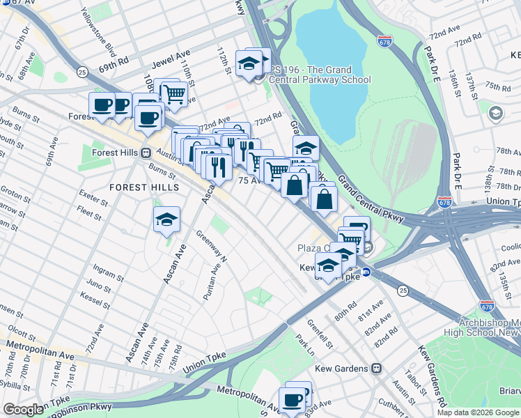 map of restaurants, bars, coffee shops, grocery stores, and more near 11204 New York 25 Service in Queens