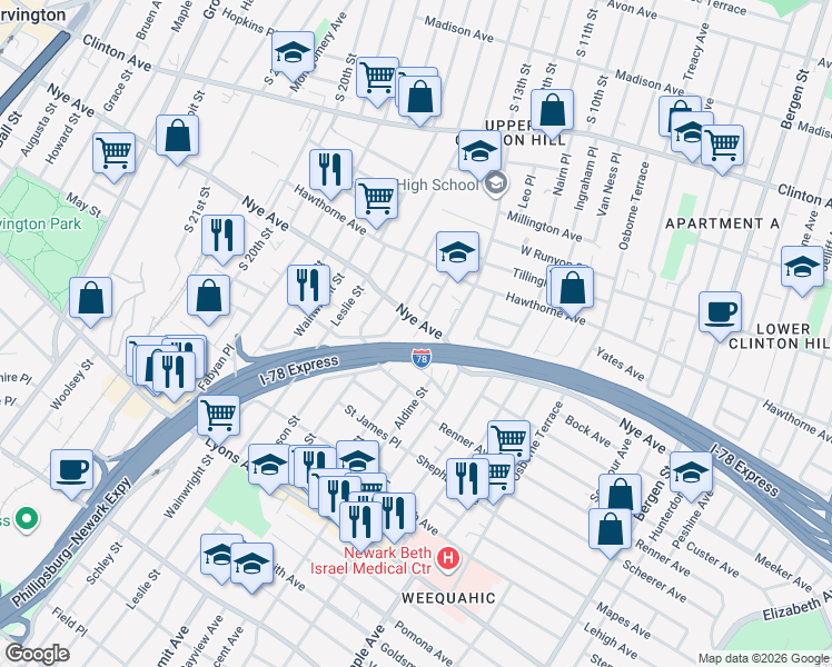 map of restaurants, bars, coffee shops, grocery stores, and more near 44 Dewey Street in Newark