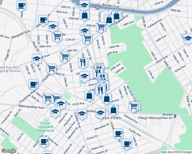 map of restaurants, bars, coffee shops, grocery stores, and more near 59-79 Fresh Pond Road in Queens