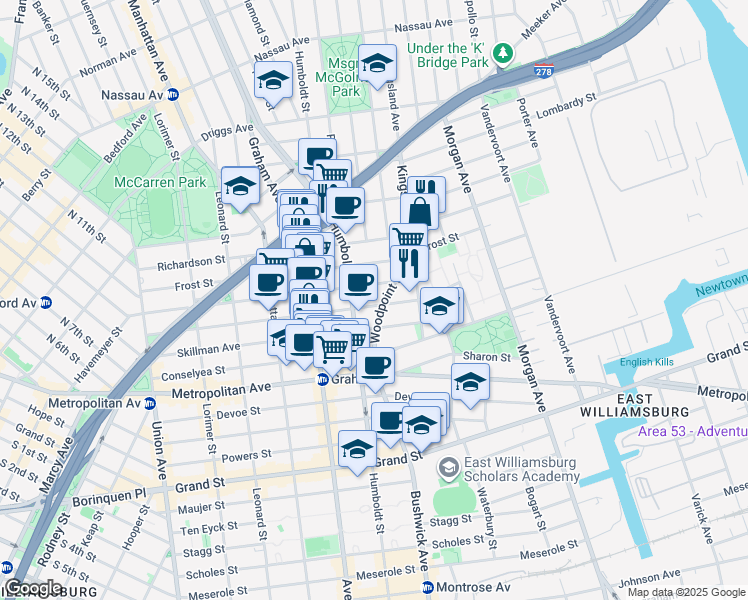 map of restaurants, bars, coffee shops, grocery stores, and more near 222 Withers Street in Brooklyn