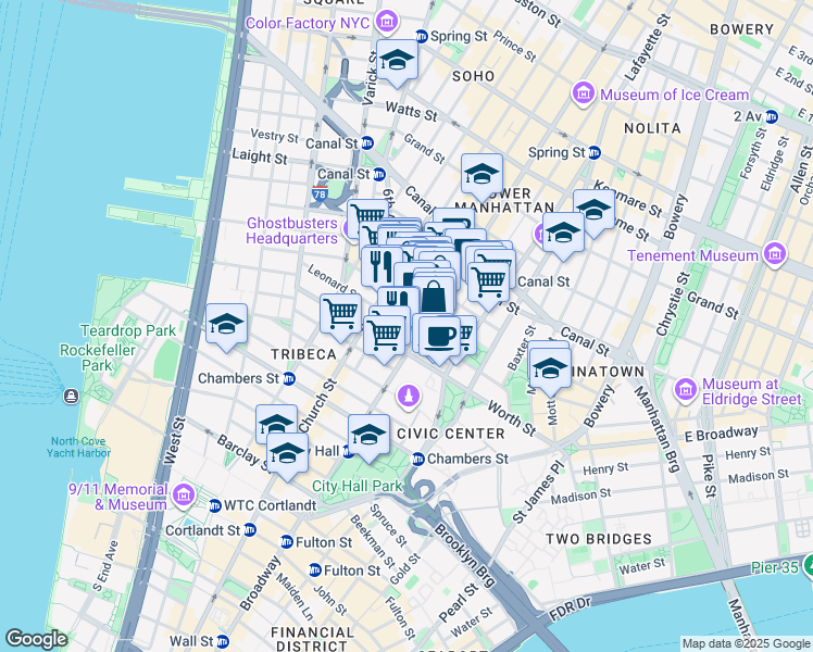 map of restaurants, bars, coffee shops, grocery stores, and more near in New York