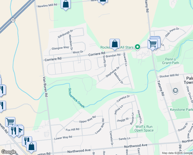 map of restaurants, bars, coffee shops, grocery stores, and more near 121 Scotty Drive in Easton