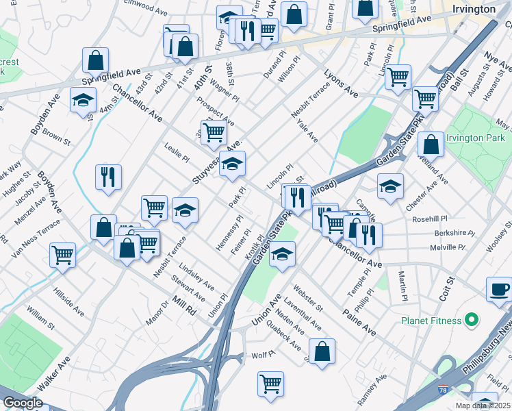 map of restaurants, bars, coffee shops, grocery stores, and more near 280 Park Place in Irvington