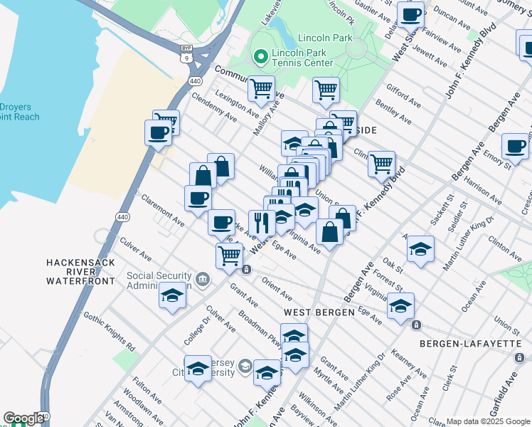 map of restaurants, bars, coffee shops, grocery stores, and more near 285 Virginia Avenue in Jersey City