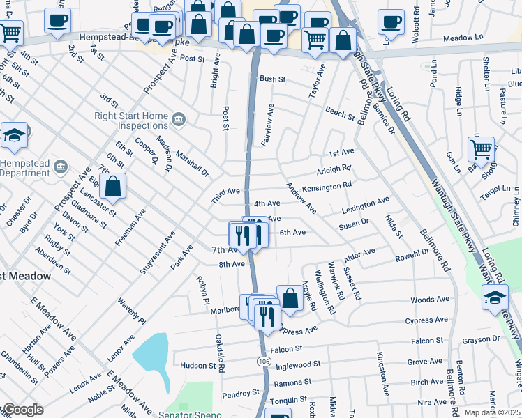 map of restaurants, bars, coffee shops, grocery stores, and more near 2503 4th Avenue in East Meadow
