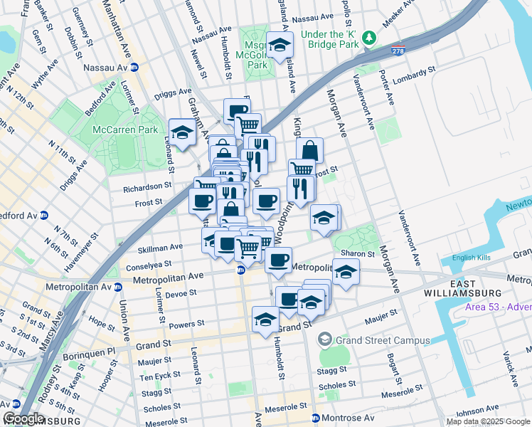 map of restaurants, bars, coffee shops, grocery stores, and more near 222 Withers Street in Brooklyn