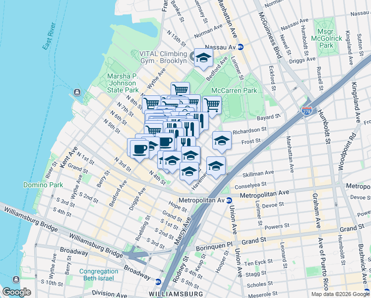 map of restaurants, bars, coffee shops, grocery stores, and more near 210 North 8th Street in Brooklyn