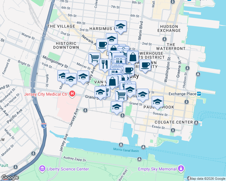 map of restaurants, bars, coffee shops, grocery stores, and more near 259 Grove Street in Jersey City